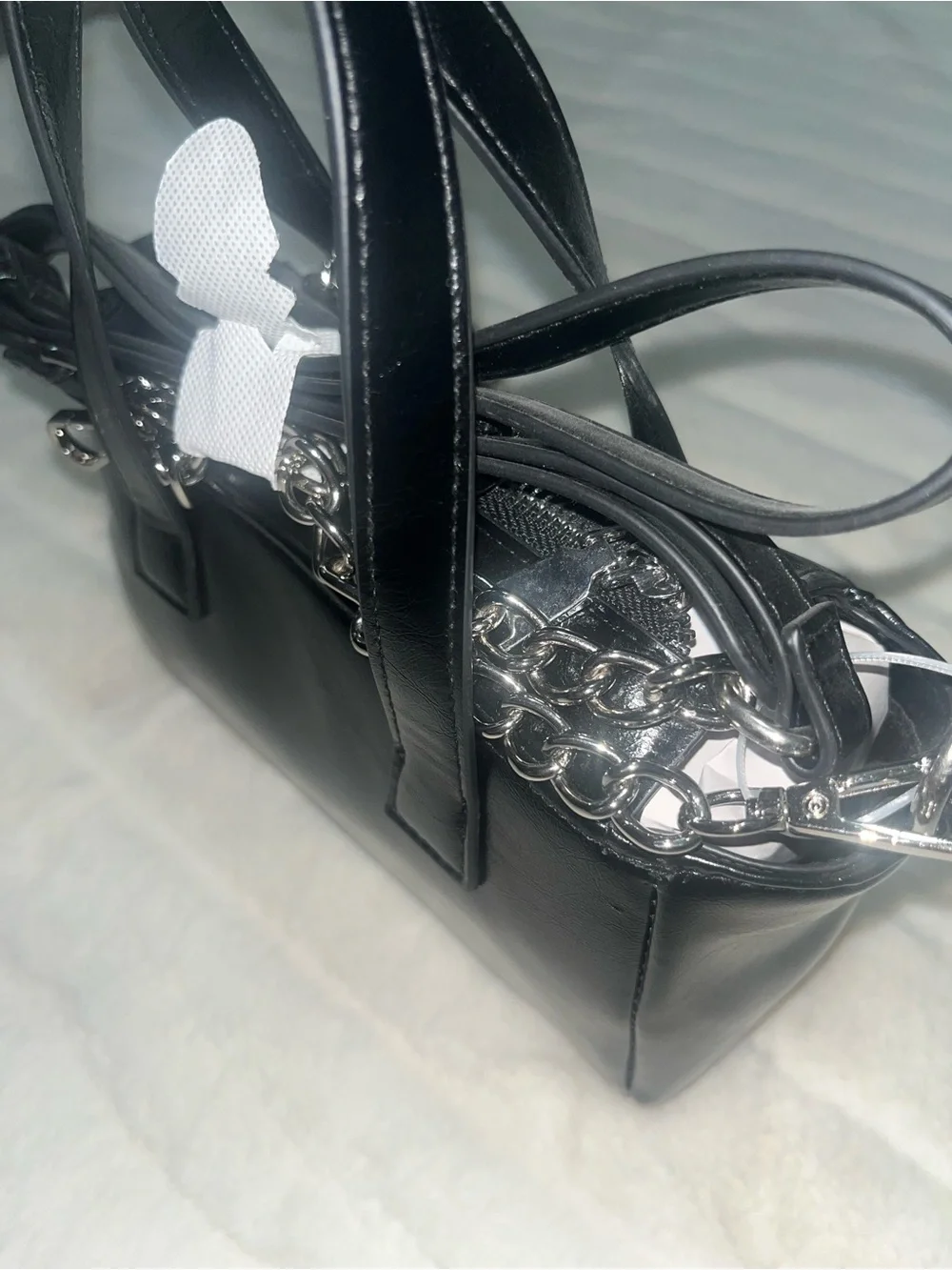 Madden NYC Small Black Satchel Hand Purse With Small Heart Chain NWT